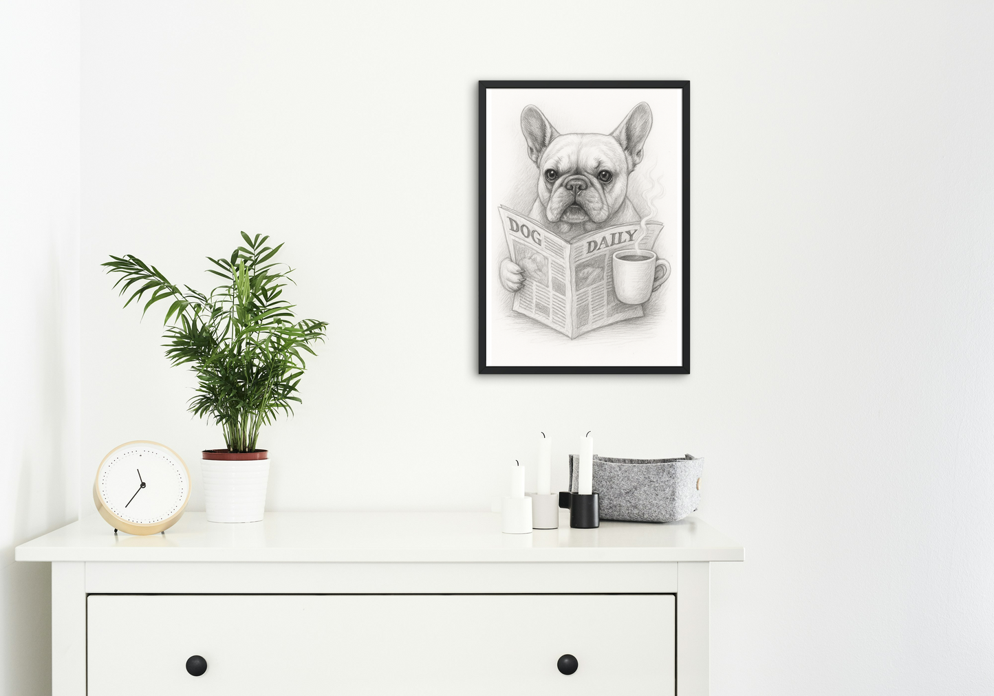 French Bulldog Sketch Reading Newspaper with Coffee | Funny Dog Wall Art Digital Download